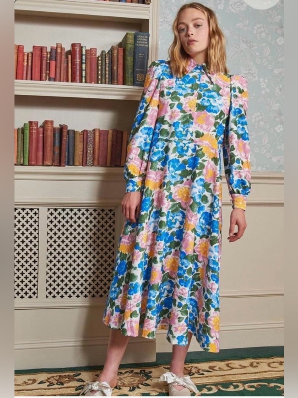Sister Jane Storybook Floral Midi Dress - Puff Sleeve Button Front - Size S